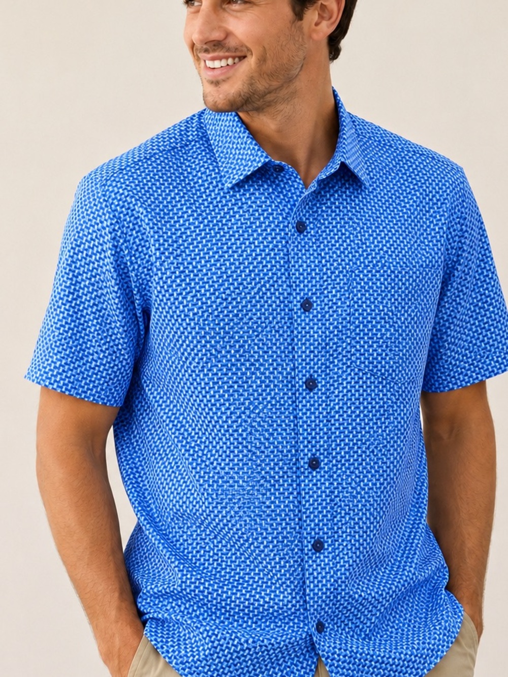 Nick Graham Blue Short-Sleeve Geo Print Button-Down Shirt